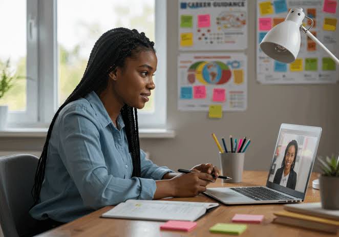 A lady in a coporate space using her laptop, very focused.